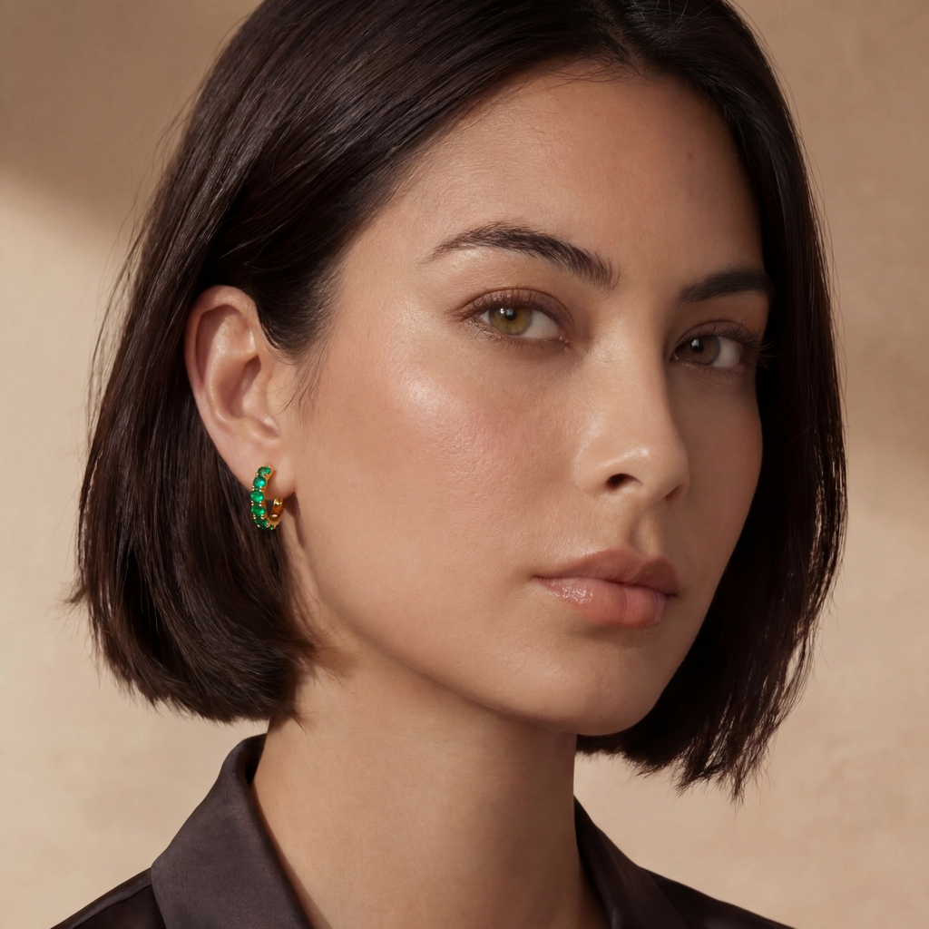 Emerald Huggie Hoops - 18K Gold-Plated - 925 Sterling Silver