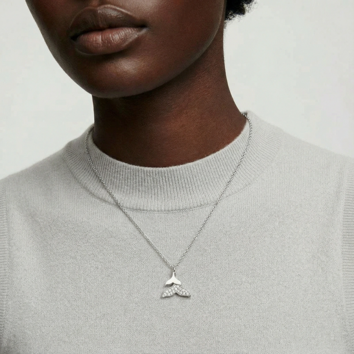 Whale Tail Crystal Necklace - White Gold Plated