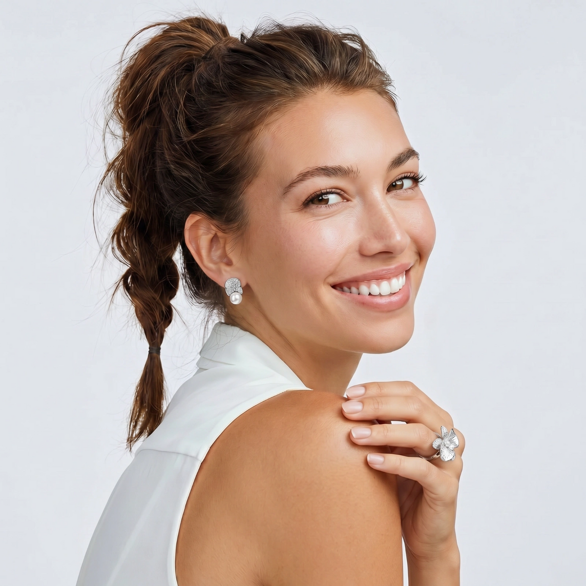 Luna Pearl Dome Studs - White Gold Plated