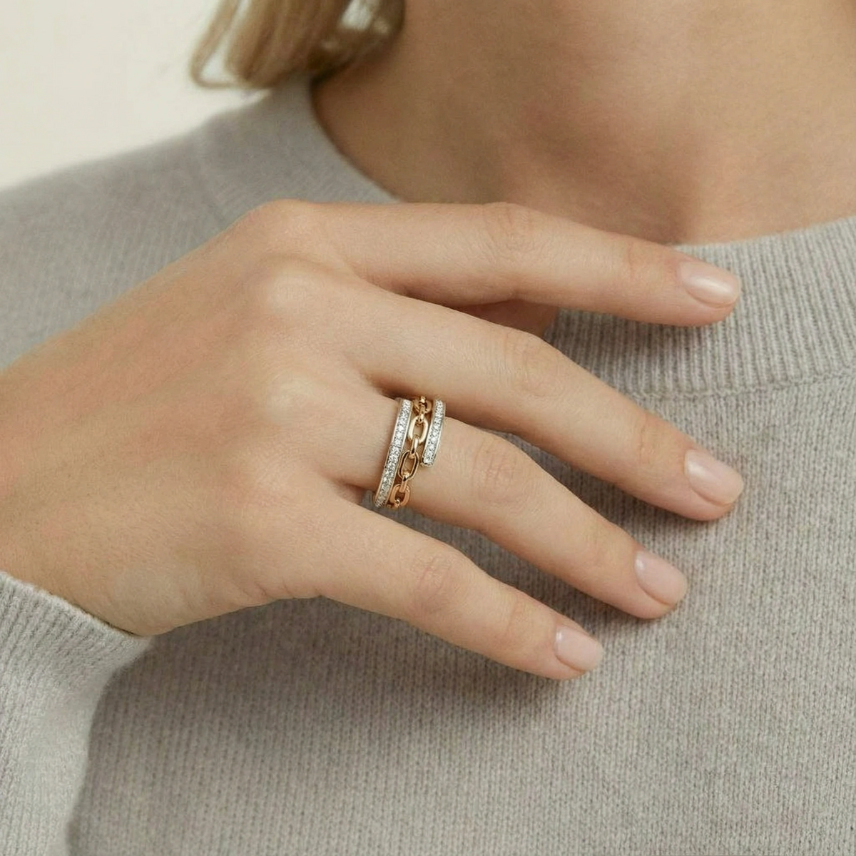 Chain Link Crystal Ring - 14K Gold Plated