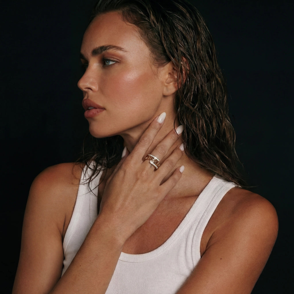 Chain Link Crystal Ring - 14K Gold Plated