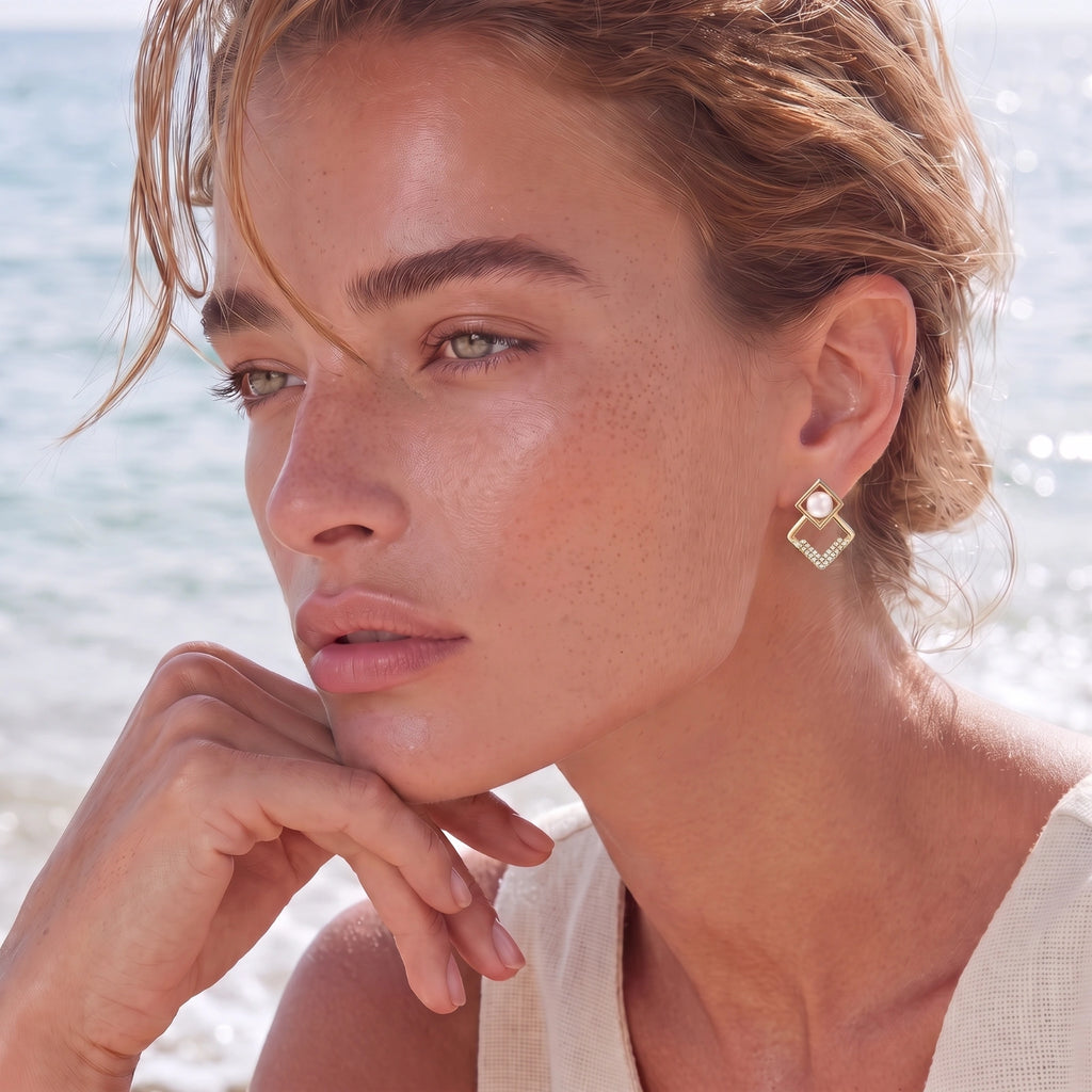 Boucles d'oreilles Géométrie et Perles - Plaqué or 14 carats