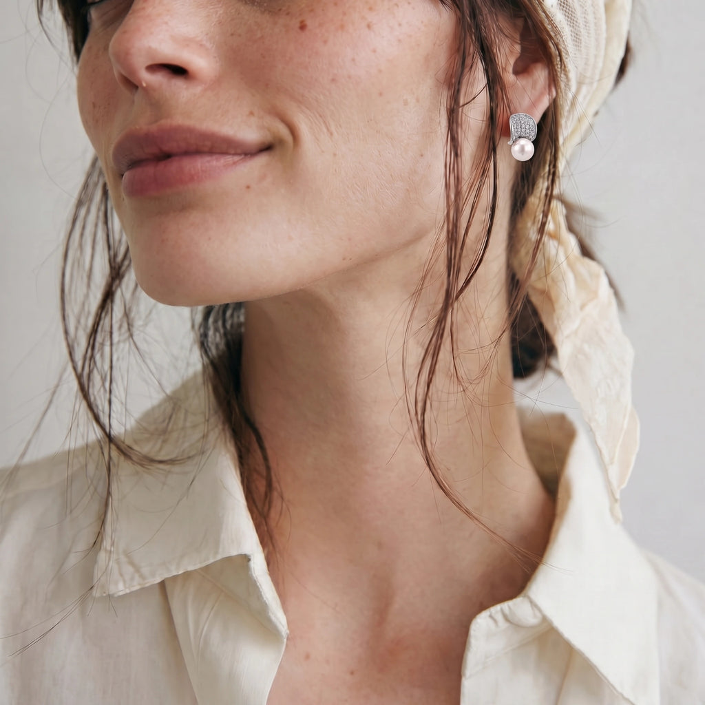 Luna Pearl Dome Studs - White Gold Plated