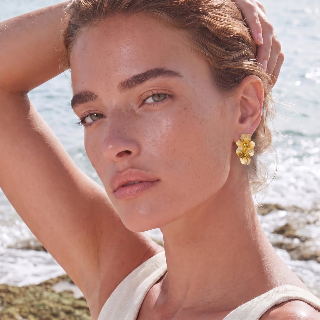 Golden Bloom Double Earrings - 14K Gold Eco-Brass