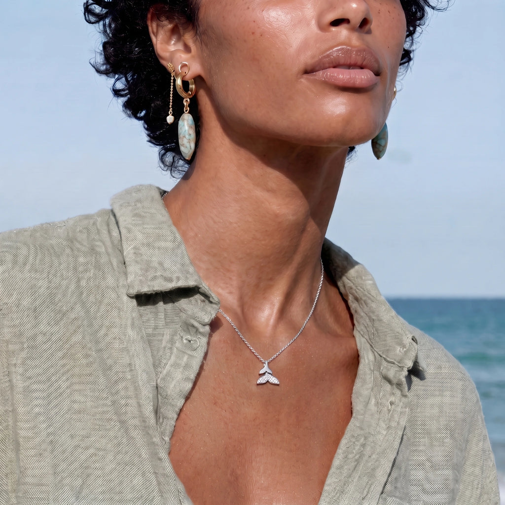 Whale Tail Crystal Necklace - White Gold Plated